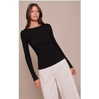 Black Fine Knit Boat Neck Rib Knit Top | PrettyLittleThing US