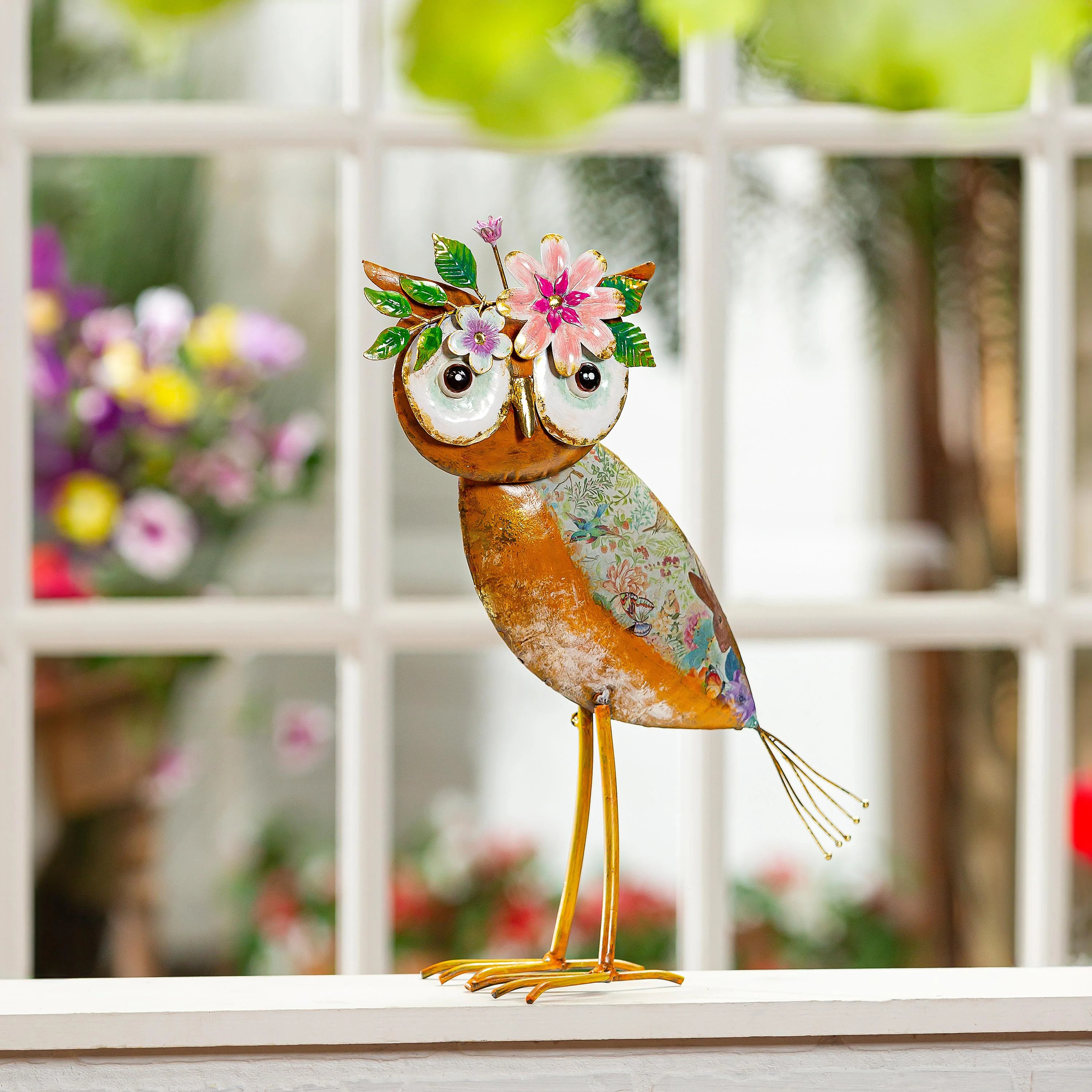 Metal Floral Orange Owl Statue, 17"H | Plow & Hearth