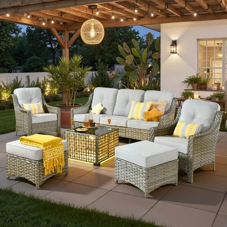 Ovios 6 Pieces Outdoor Furniture Set High Back All-Weather Wicker Patio Conversation Set with Ottomans & Solar Light Coffee Table, Gray | Walmart (US)