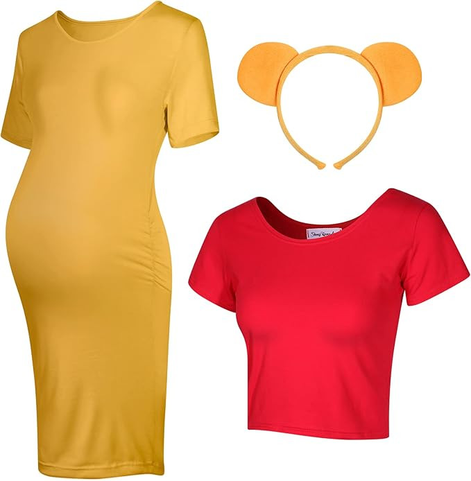 Geyoga 3 Pcs Red Scoop Neck Crop Top Yellow Maternity Pregnancy Dress Bear Ears Headband Animal H... | Amazon (US)