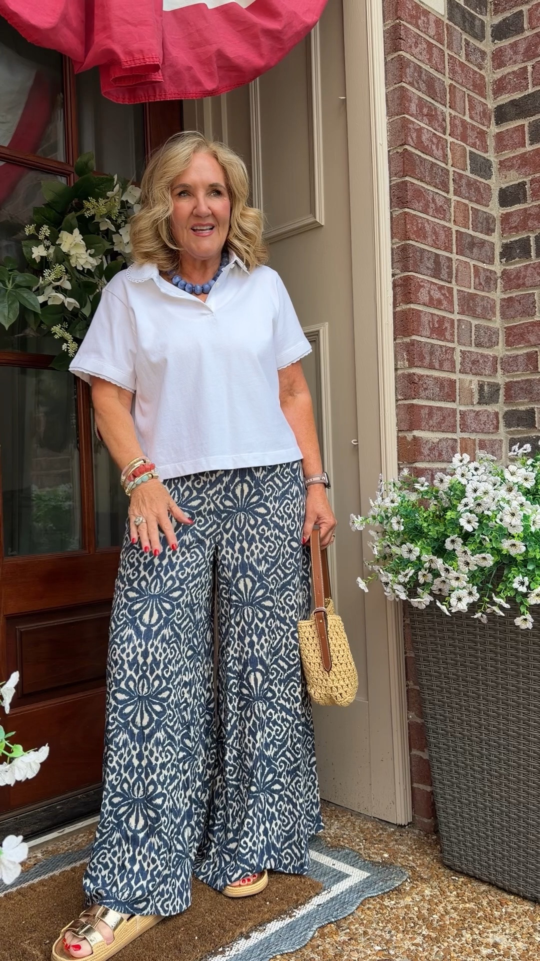 Polo size medium act fast getting limited! 
Pants sized down to a small also avail in plus sizes 
20% off my bracelets code NANETTE20

Vacation outfit pants for summer palazzo pants white top

#LTKOver40 #LTKootd #LTKTravel

#LTKSeasonal