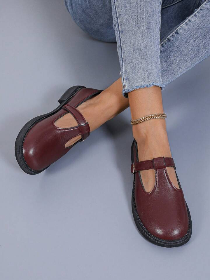 Women's New Lolita Fashion Small Leather Shoes, French British Style Mary Jane Shoes With Lace-Up, Vintage Round Toe Anti-Slip Sole Loafers, New College Style Business Formal Commute Flat Shoes, Red | SHEIN