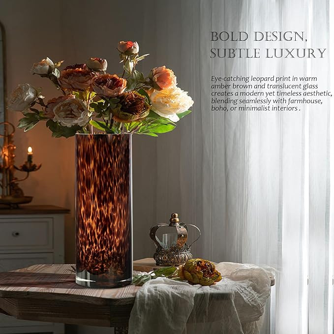 11.8" High Luxe Leopard Glass Vase — Unique Modern Amber Brown Centerpiece for Home Decor, Ever... | Amazon (US)