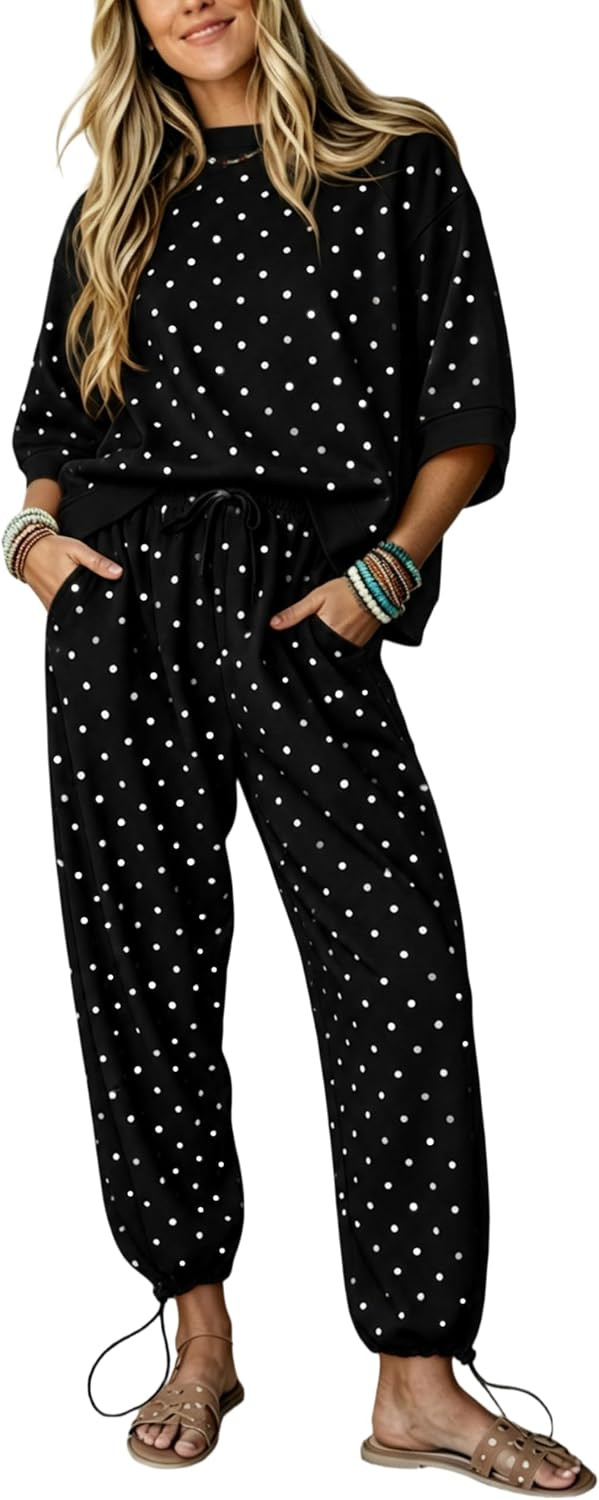 Ailoqing Womens Polka Dot 2 Piece Casual Adjustable Pant Set | Amazon (US)