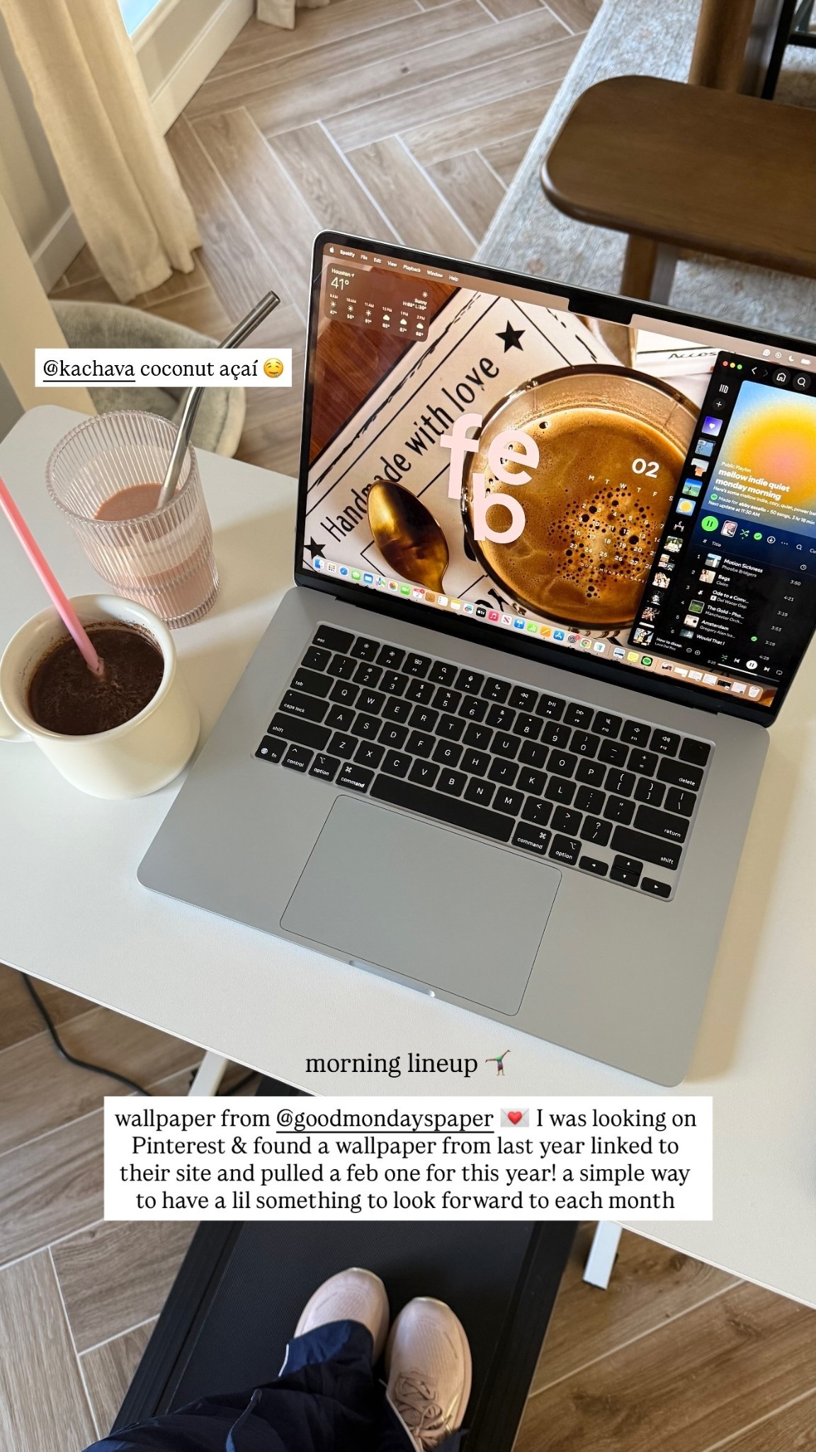 morning lineup 🤸🏾‍♀️ @kachava coconut açaí 🤤 wallpaper from @goodmondayspaper 💌 I was looking on Pinterest & found a wallpaper from last year linked to their site and pulled a feb one for this year! a simple way to have a lil something to look forward to each month