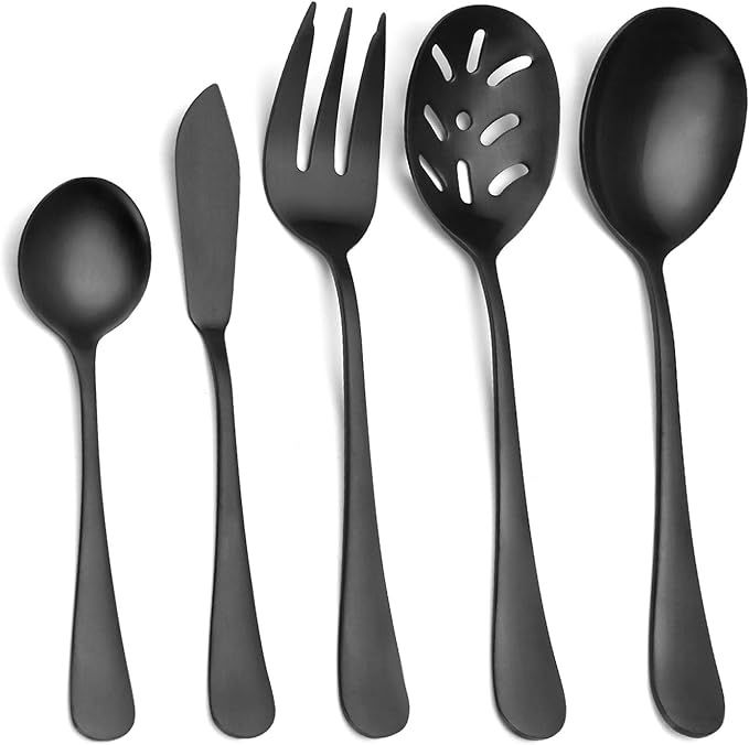 Matte Black Serving Set，SHARECOOK 5-Piece 18/0 Stainless Steel Large Hostess Set with Round Edg... | Amazon (US)