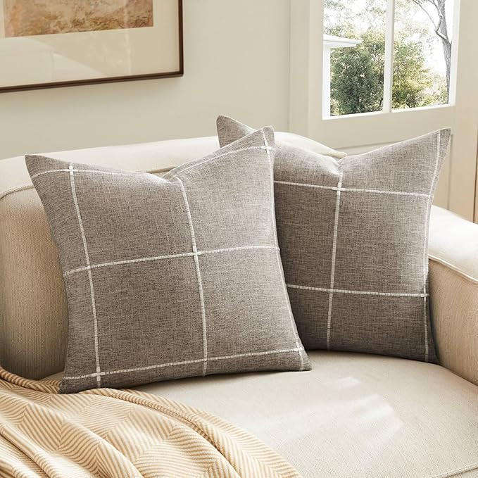 2 Packs Grid Embroidery Throw Pillow Covers, 24x24 Inch Cocoa Brown, Farmhouse Linen Decorative D... | Amazon (US)