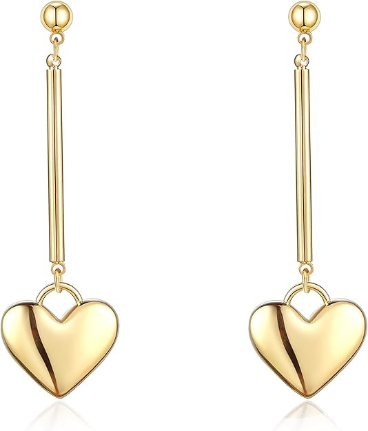 Cowlyn Heart Earrings Love Pendant Long 925 Silver Needle 14K Gold Dangle Drop Stud Cute Jewelry ... | Amazon (US)