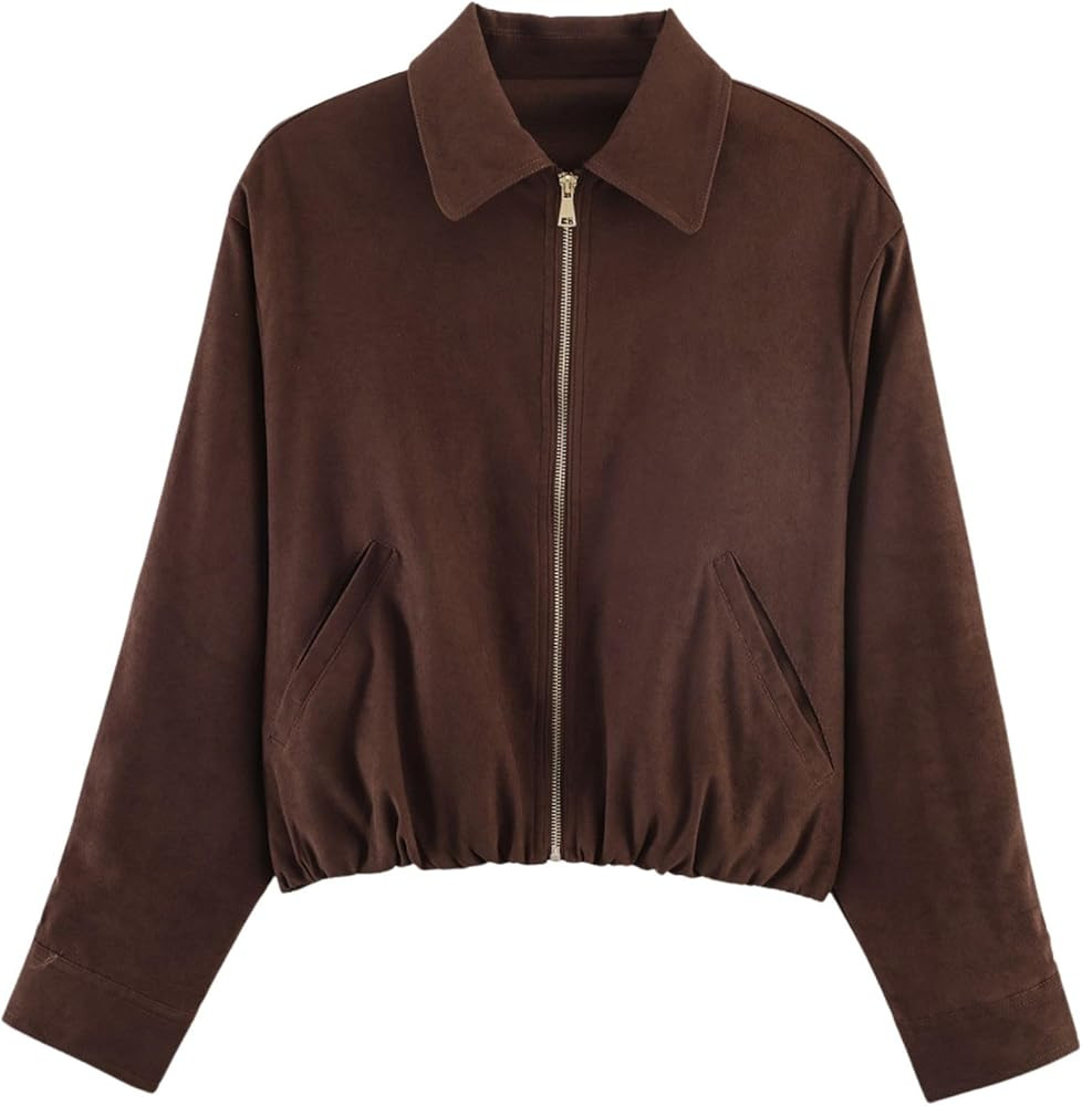 Chevara Women’s Volume Bomber Jacket Long Sleeve Lapel Zip Up Crop Jacket Outerwear with Pocket... | Amazon (US)