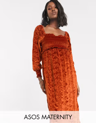 ASOS DESIGN Maternity velvet broderie shirred midi dress in rust | ASOS (Global)
