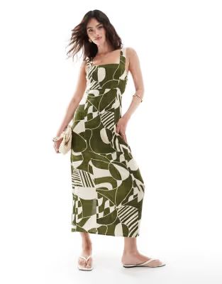 ASOS DESIGN square neck tie back linen mini sundress in green abstract print | ASOS (Global)