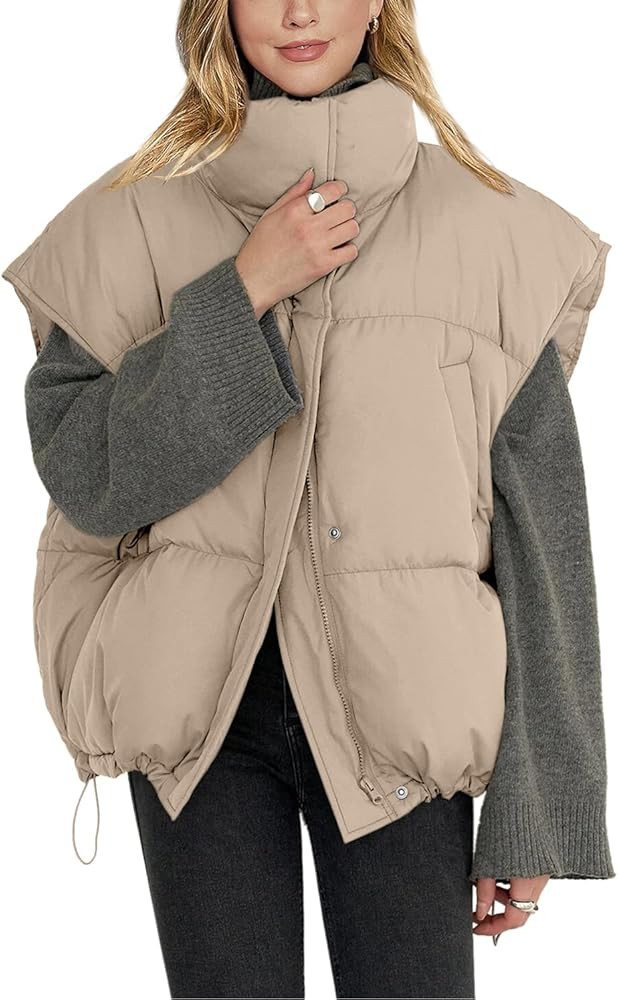 Veatzaer Womens Sleeveless Zip Puffer Vest Drawstrig Hem Oversized Stand Collar Warm Winter Coats | Amazon (US)