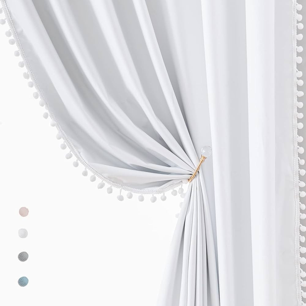 White Blackout Curtains for Bedroom Pom-Pom Thermal Insulated Full Blackout Window Drapes 63inch ... | Amazon (US)