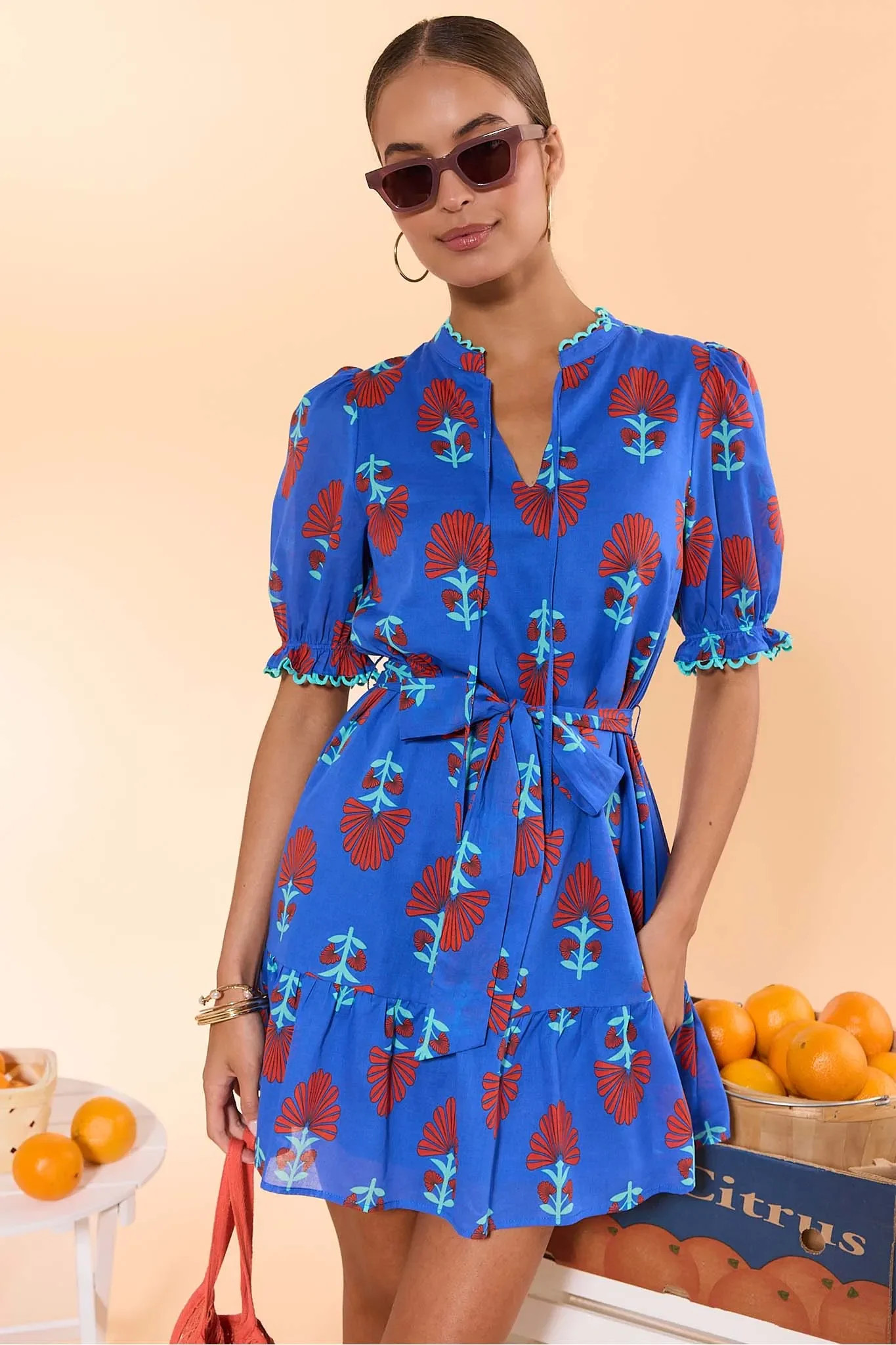 Blue Floral Print Short Dress | Avara