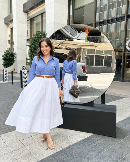 My outfit for the Day 2 of LTK Con! Love this classic blue striped shirt paired with a feminine white midi skirt and fun tan heels. Skirt runs true to size (wearing size 0 Petite) and top runs small, size up if you want an oversized look



#LTKCon #LTKworkwear #LTKstyletip