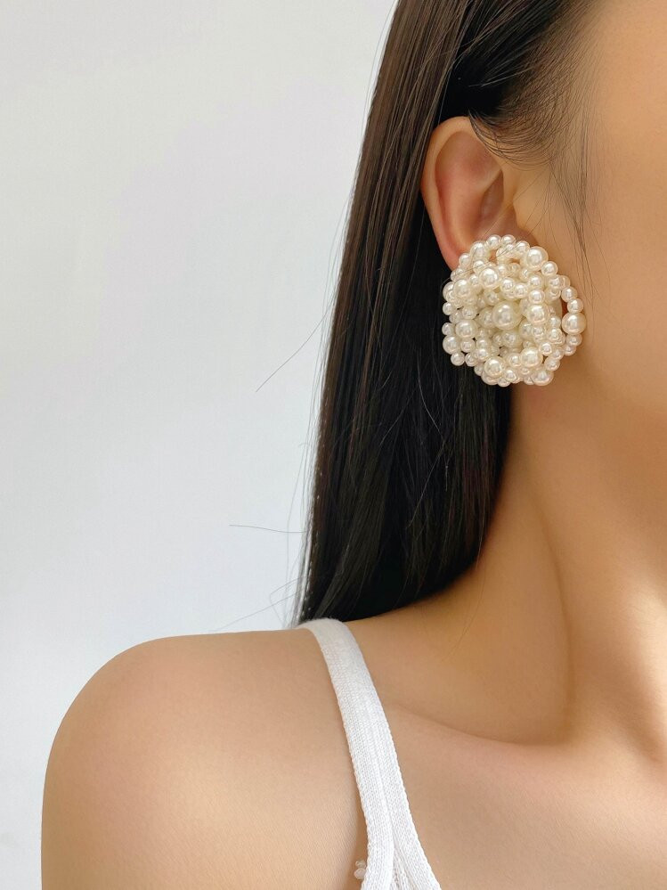 1 Pair Women's Fashion Faux Pearl Woven Oversized Dangle Earrings, Elegant For Ball, Banquet, Party | SHEIN