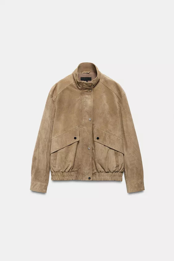 100% SUEDE LEATHER HIGH COLLAR JACKET | Zara US