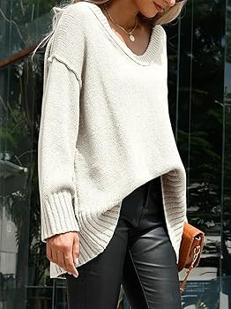 ANRABESS Women’s Casual Long Sleeve V Neck Off Shoulder Loose Baggy Comfy Knit Pullover Sweaters Tun | Amazon (US)