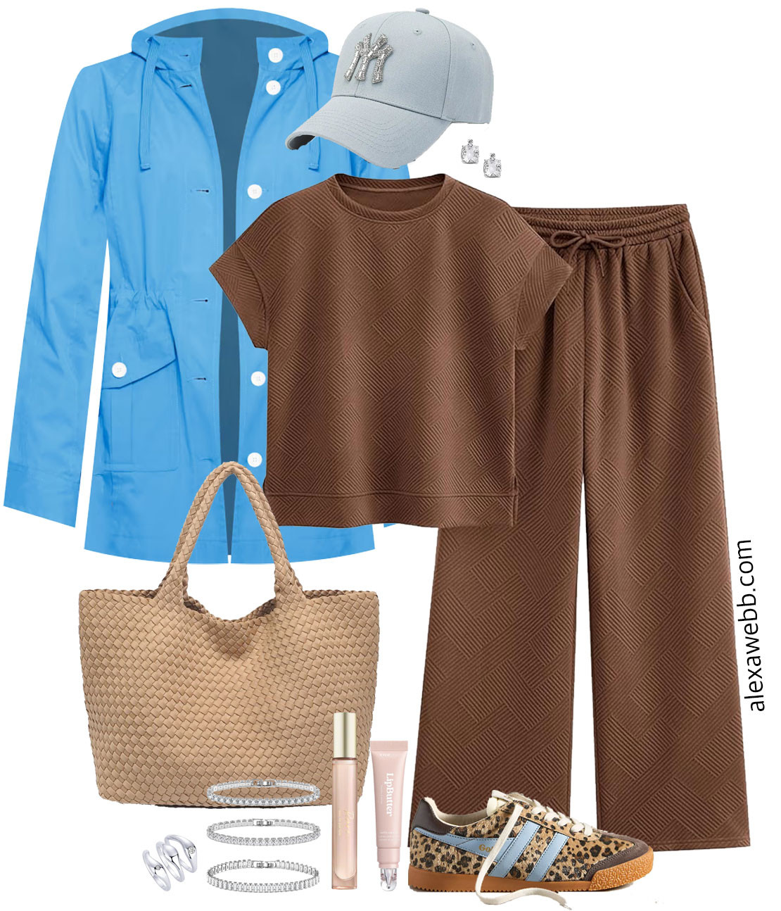 Plus Size Amazon Bestselling Athleisure Set - A plus size brown athleisure set from Amazon, a blog favorite, styled with leopard sneakers, a woven tote bag, tennis bracelets, and a blue baseball cap with bling. Top the outfit with a blue jacket. Perfect for spring!  Alexa Webb 

 #LTKOver40 #LTKMidsize #LTKPlusSize