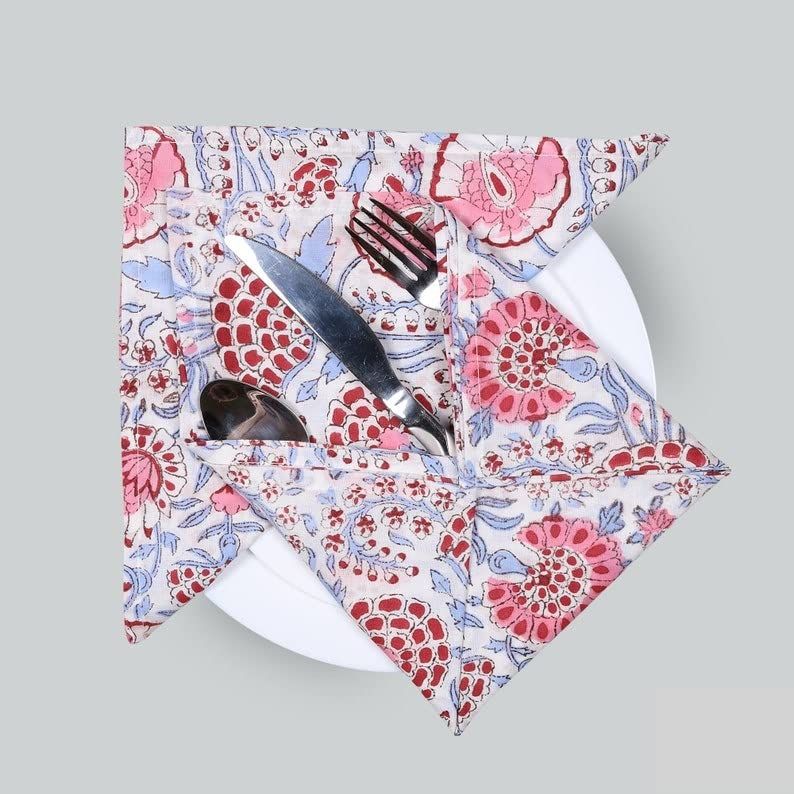 Pigeon Blue Flamingo Pink Cotton Cloth Napkins India Block Print Cloth Napkins Kitchen Towels Kitche | Amazon (US)
