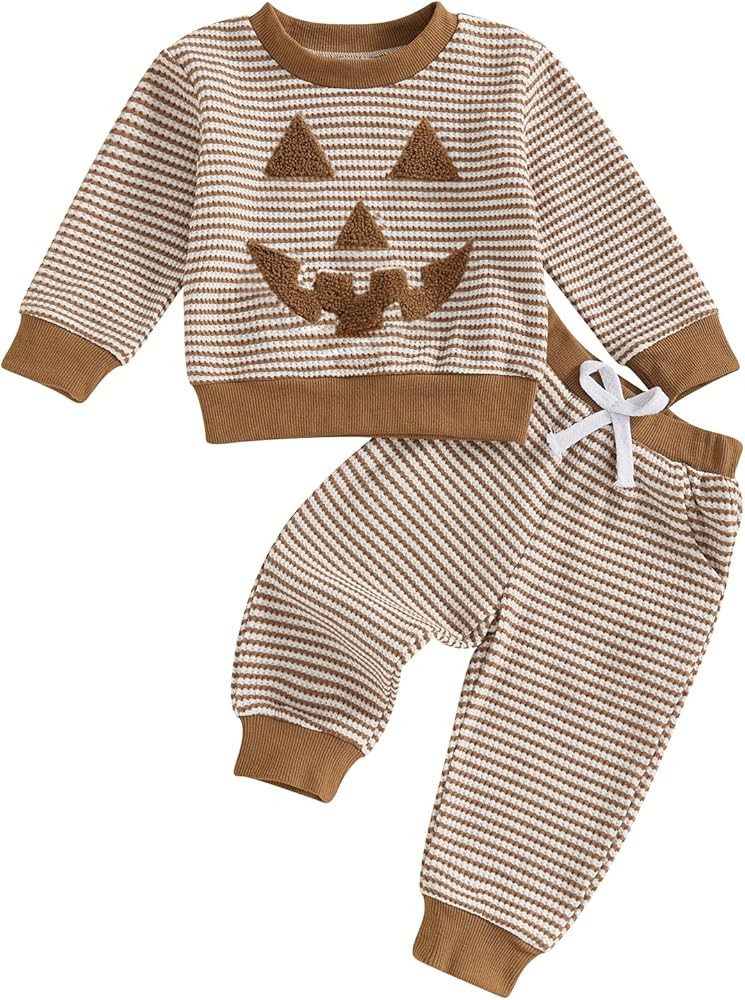 Toddler Baby Boy Girl Halloween Outfit Long Sleeve Stripes Pumpkin Sweatshirt Pants Set Infant Fa... | Amazon (US)