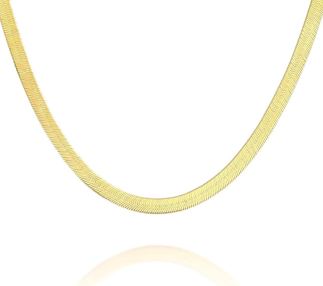PAVOI Solid 925 Sterling Silver, 22K Gold Plated Snake Chain Necklace, Italian Diamond-Cut Herringbo | Amazon (US)