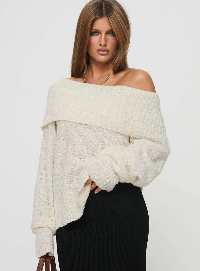 Parkley Boucle Off The Shoulder Sweater Cream | Princess Polly AU
