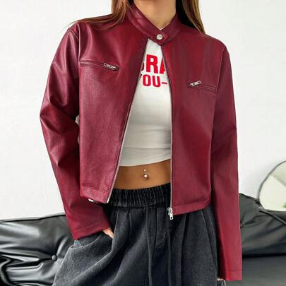 Women's Solid Color Minimalist Red Leather Jacket For Casual Daily Wear | SHEIN