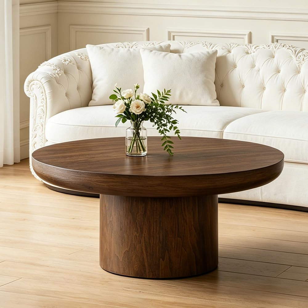 35.98" Round Coffee Table with Cylindrical Base, Modern Wood Drum Center Table, Accent Side End Table for Living Room Apartment, φ35.98"*15.98"H (Dark Brown) | Amazon (US)