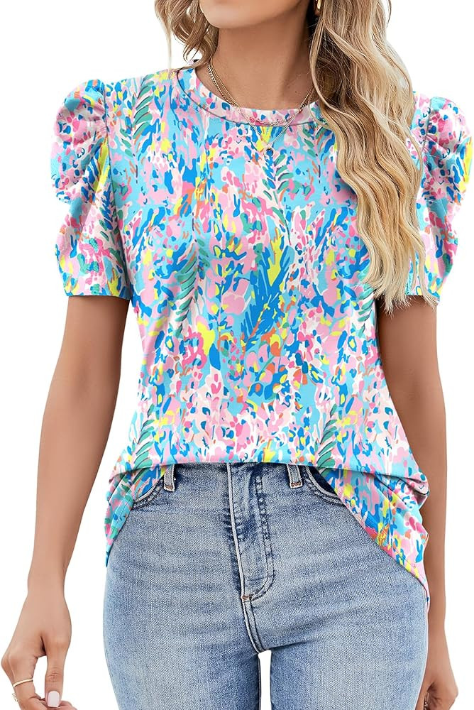 Ivicoer Puff Short Sleeve Shirt for Women Eyelet Tops Summer Crewneck Blouse Loose Fit S-XXL | Amazon (US)