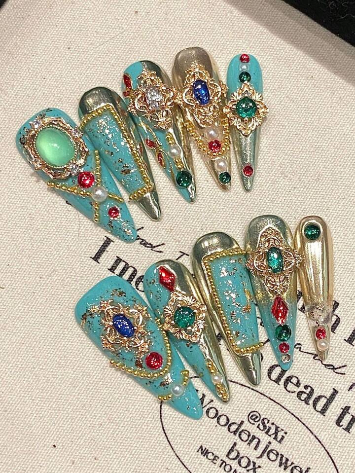 [Your Heart Is Like My Heart] 10pcs Y2K Baddie Style Long Water Drop Shaped Artificial Nails, Turquoise Green Nails With Gold Pearl & Gemstone Decor, Suitable For Women And Girls, Party/Wedding/Daily Wear, Comes With Tool Kit. (Accessory Color Randomly Selected) Press On Nails | SHEIN