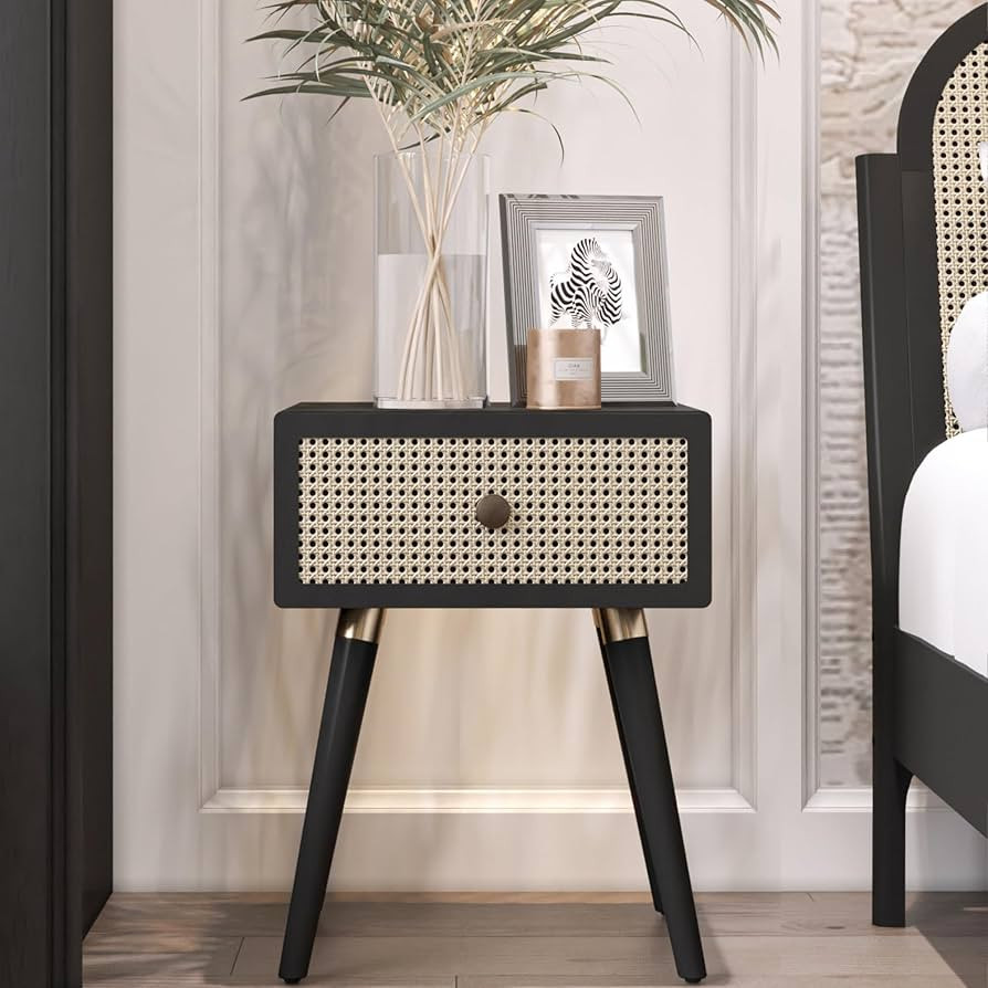 Bme Nipe Black Solid Wood Rattan Nightstand Fully Assembled, Woven Cane End Table, Bedside Table ... | Amazon (US)