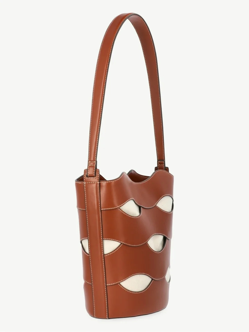 Free Assembly Women's Maria Cut Out Bucket Bag, Cognac/Cream | Walmart (US)
