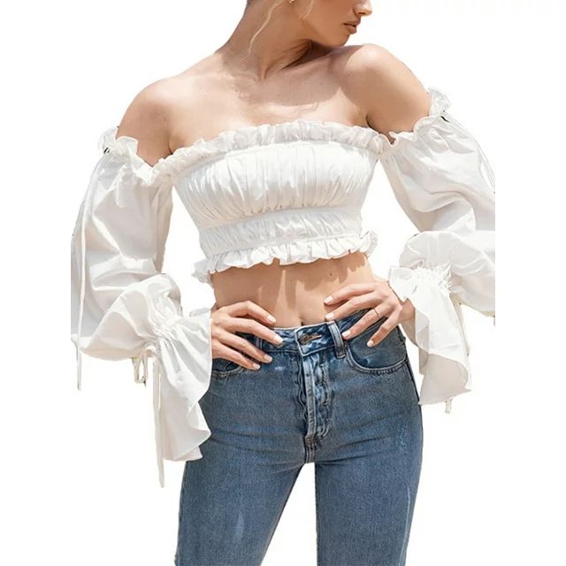 Douhoow Women Short Top White Off Shoulder Long Sleeve Ruffle Crop Tops Slim-Fit Strappy Short To... | Walmart (US)