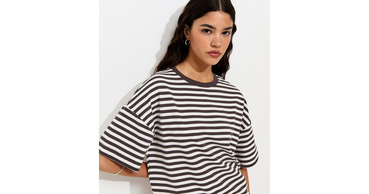 Brown Cotton Rich Striped Oversized Boxy T-Shirt | New Look | New Look (UK)