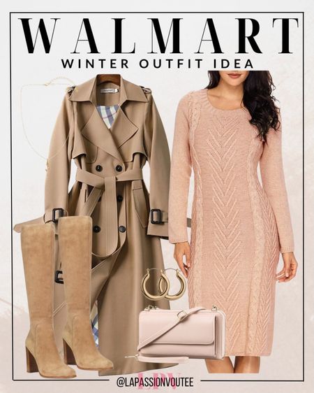 Embrace winter chic with Walmart's finest! Layer up in a stylish trench coat over a cozy knitted dress, paired with on-trend over-the-knee boots. Don't forget the essentials – a versatile crossbody bag and hoop earrings. Walmart's got your winter wardrobe covered, ensuring you stay warm and fabulous.

#LTKSeasonal #LTKstyletip #LTKHoliday