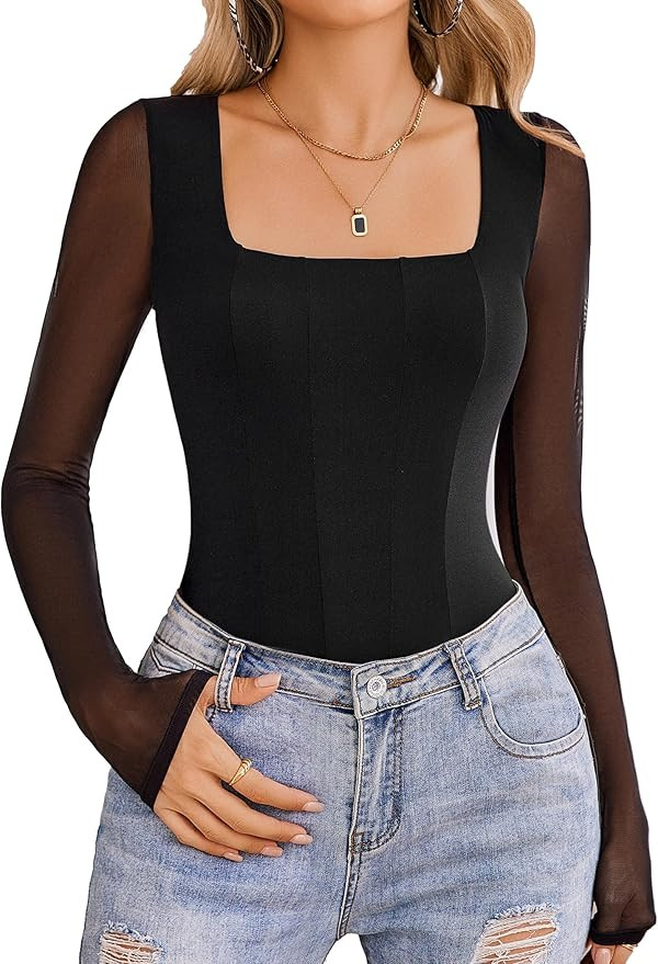 Avidlove Women's Long Sleeve Bodysuits Square Neck One Piece Body Suit Mesh Leotard Tops Double L... | Amazon (US)