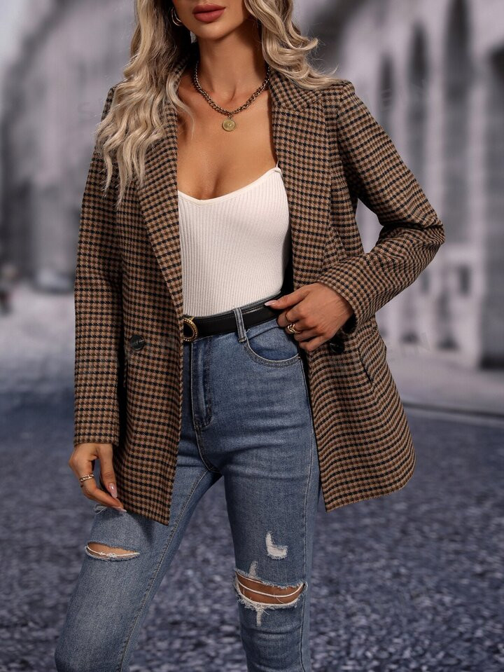 SHEIN Clasi Plaid Print Double Breasted Blazer | SHEIN USA | SHEIN