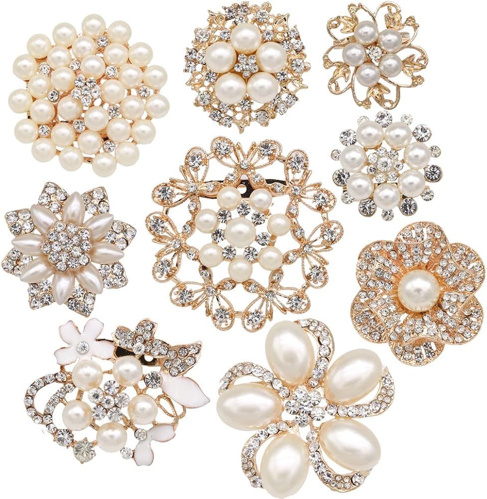 eGlomart Lot 9pcs Rose Gold-Tone Rhinestone brooches, Big Pearl Crystal Wedding Bouquet kit Set | Amazon (US)