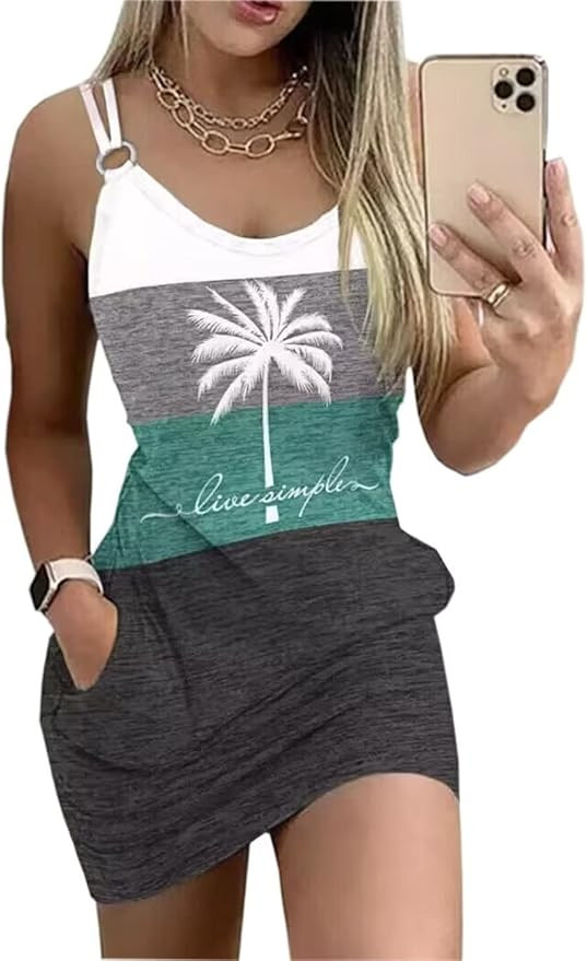 Live Simple Coconut Tree Color Block Mini Dress for Women Summer Beach Vacation Tank Dresses Slee... | Amazon (US)