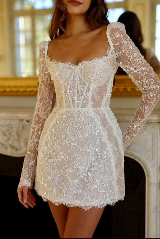 Dexinyuan Short Wedding Dress for Bride 2026 Mini-Skirt Lace Appliques Wedding Gown for Women | Amazon (US)