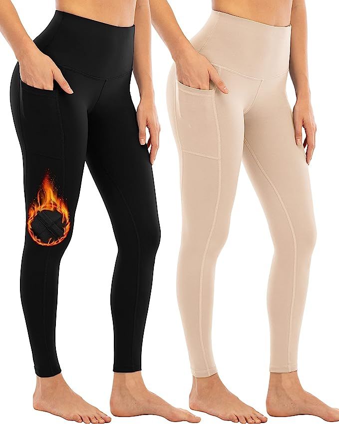 YEZII 2 Pack Fleece Lined Leggings with Pockets for Women,High Waisted Winter Yoga Pants | Amazon (US)