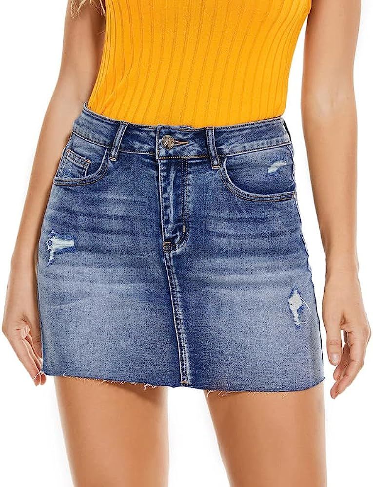 VIPONES Denim Skirt Women Shorts Jean Raw Hem Frayed Stretch Ripped Mid Waist Casual Mini Skirts | Amazon (US)