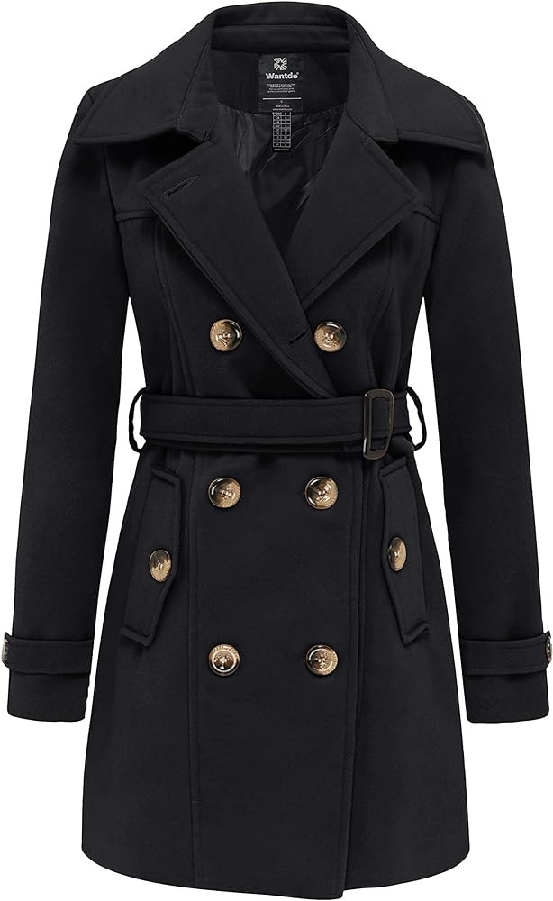 wantdo Women's Double Breasted Pea Coat Winter Mid-Long Trench Coat with Belt | Amazon (US)