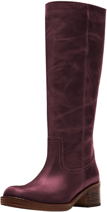 FOWT Women Platform Round Toe Calf High Boots Chunky Block Low Heel Riding Boots Pull on Wide Cal... | Amazon (US)