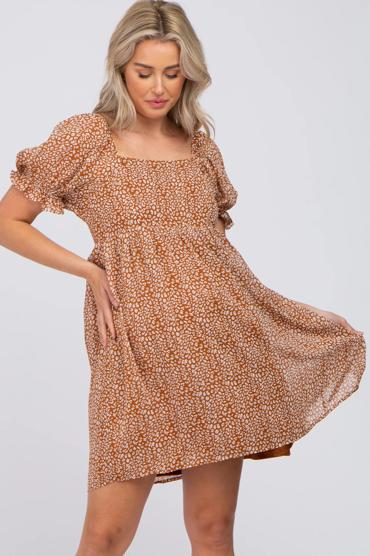 Camel Animal Print Puff Sleeve Maternity Dress | PinkBlush Maternity
