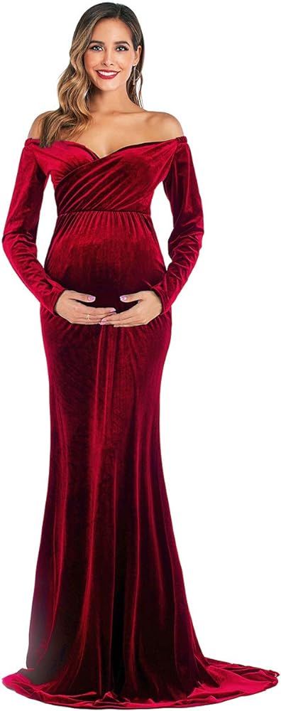Dongpai Velvet Maternity Half Circle Off Shoulder Long Sleeves Fitted Maxi Gown Photography Dress | Amazon (US)