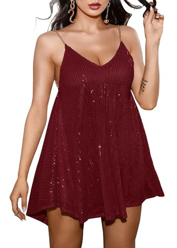 Wenrine Women's Sequin Dress Sexy V Neck Spaghetti Strap Backless Mini Dresses Club Party Dresses Wine Red | Amazon (US)