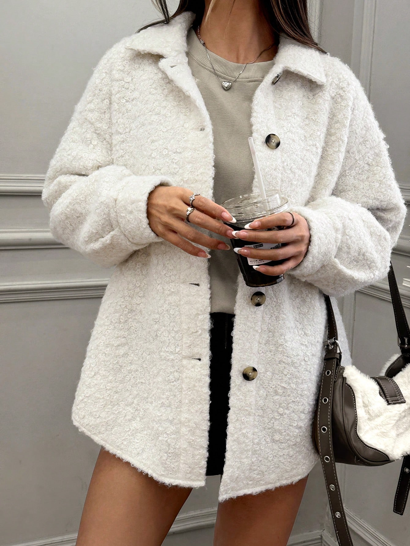 SHEIN EZwear 1pc White Fuzzy Knitted Ladies Jacket | SHEIN