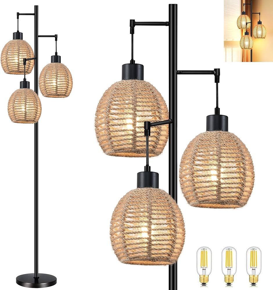 Rattan Floor Lamp for Living Room,Bedroom,Tree 3 Lights Boho Floor Lights Industrial Black Farmho... | Amazon (US)
